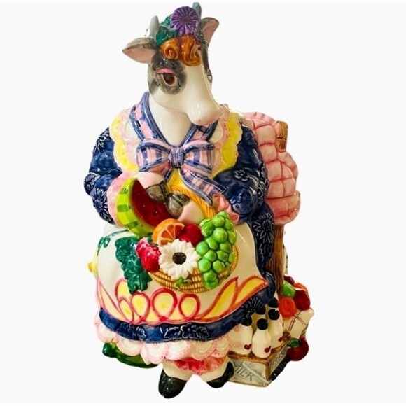 Vintage Fitz Floyd Country Barnyard Cow Cookie Jar Hand Painted Ceramic 13\