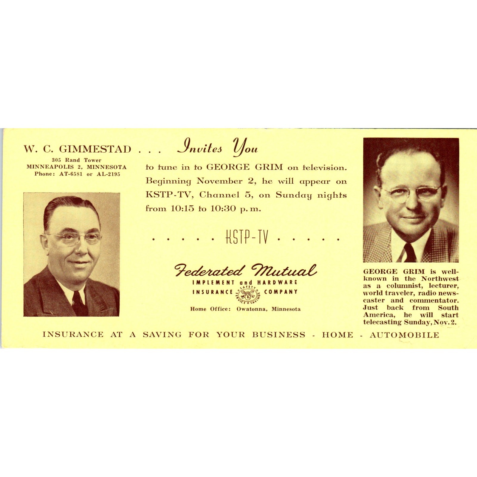 Vtg W.C. Gimmestad Federated Mutual Minneapolis MN George Grim Blotter Card AE2