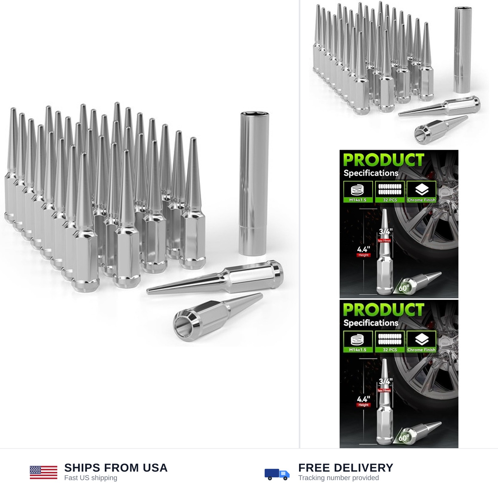 M14x1.5 Spike Lug Nuts 32PCS for Silverado Sierra Ram 2500 3500 | Chrome 4.4 M14x1.5 Spike Lug Nuts 32PCS for Silverado Sierra Ram 2500 3500 | Chrome 4.4