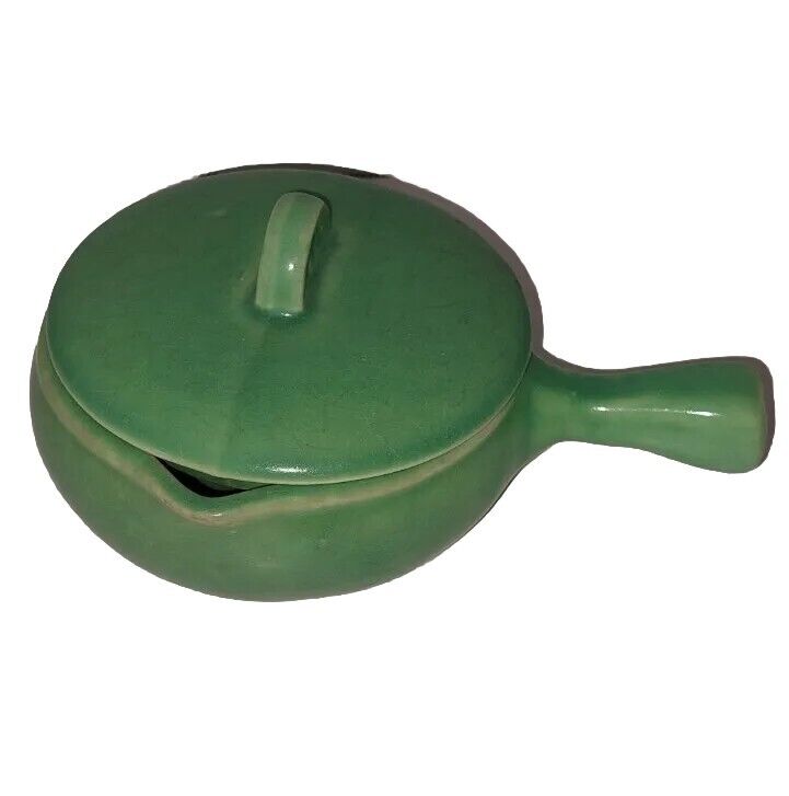 Green Pottery Covered Casserole Dish Stick Handle Vintage Kitchenware - Read