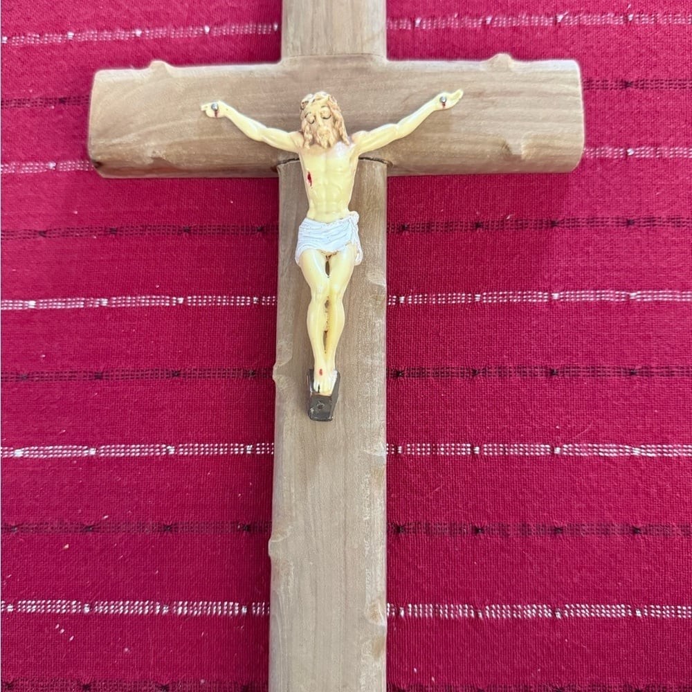Vintage Wooden Crucifix stamped Jerusalem INRI Plaque 10”