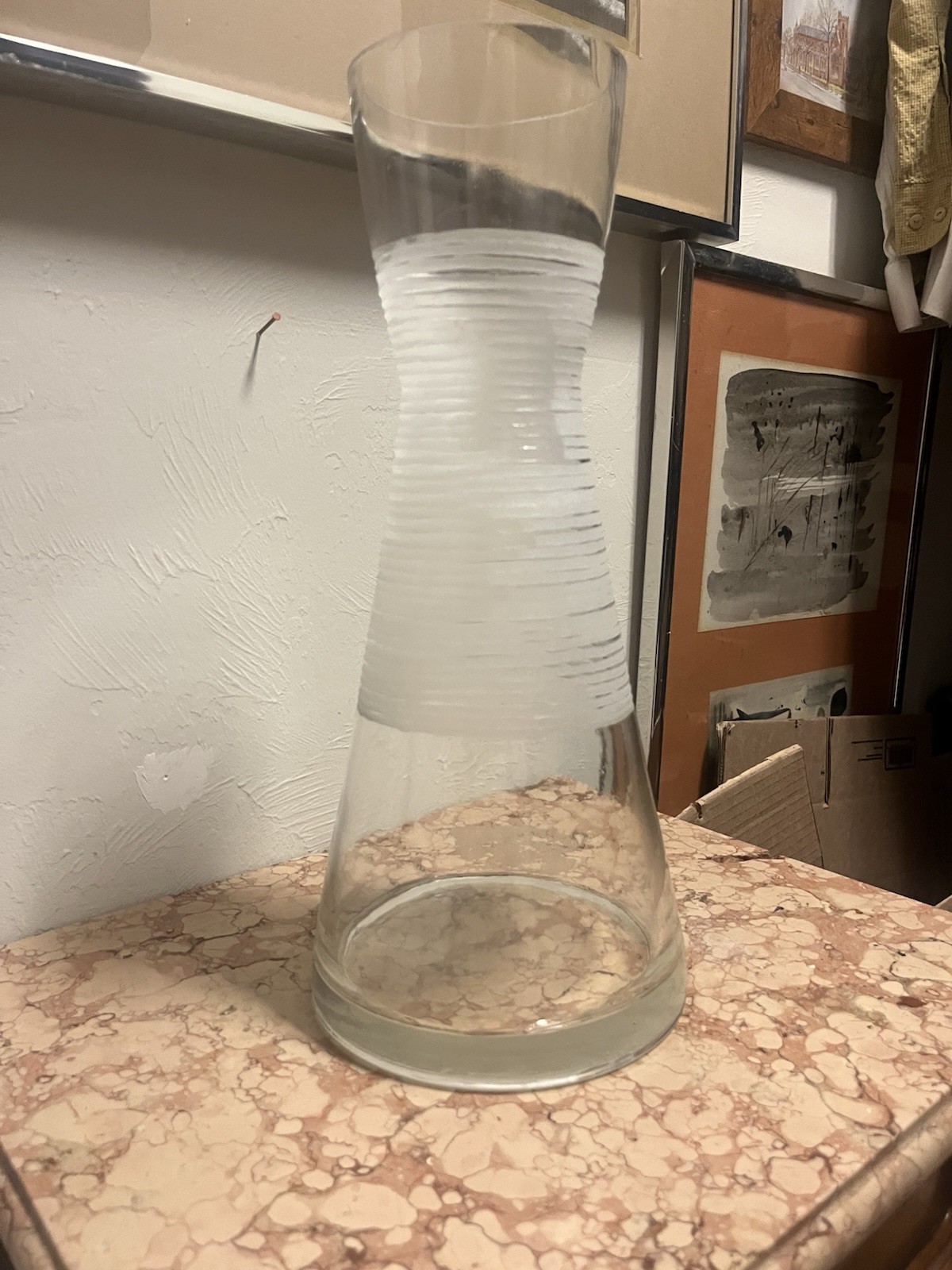 Vintage Mid Century Modern Glass Vase With Frosted Ribbed Central Band