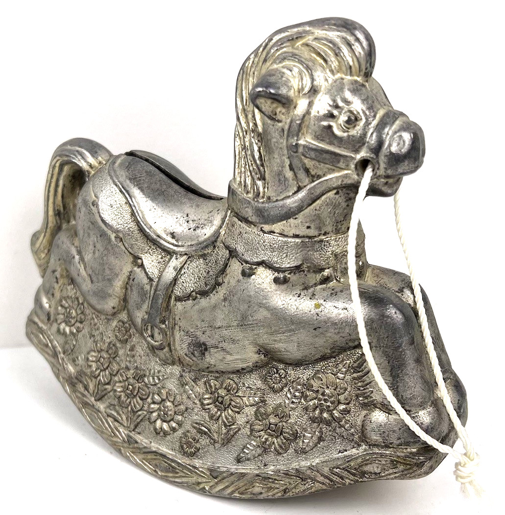 Vintage Leonard Silver Plated Rocking Horse Coin Bank Italy Pony Piggy Floral Vintage Leonard Silver Plated Rocking Horse Coin Bank Italy Pony Piggy Floral