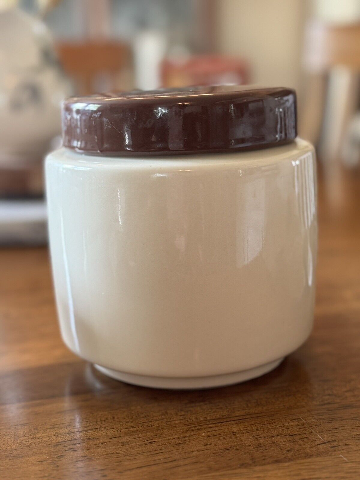 Vtg  McCOY POTTERY 214 Biscuit Cookie Jar Canister Glazed Cream & Brown Lid USA