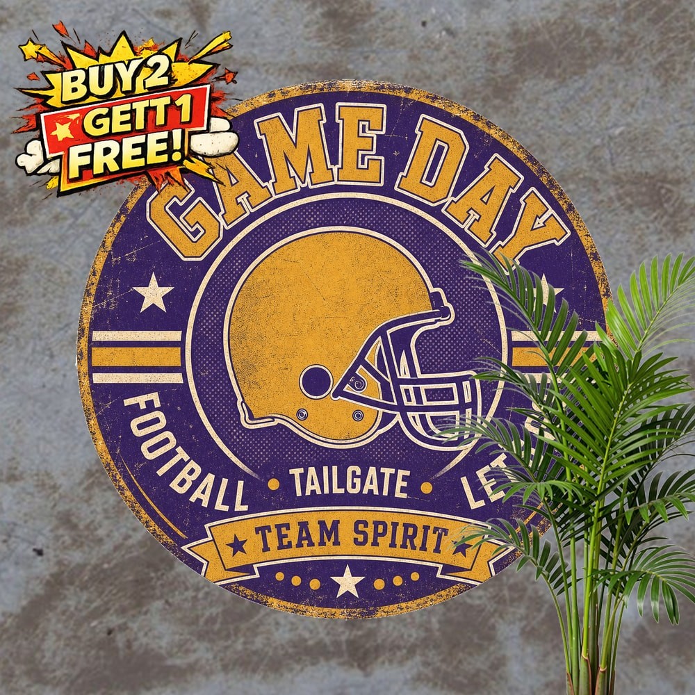 Game Day Football Round Metal Sign Sports Fan Cave Wall Decor Plaque 8x8