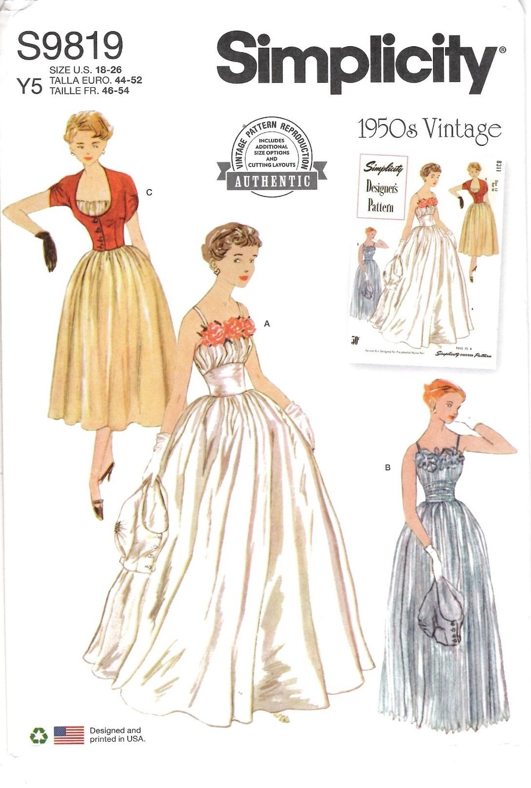 Simplicity S9819 Sewing Pattern 1950s Vintage Reproduction Dress Plus Size 18-26