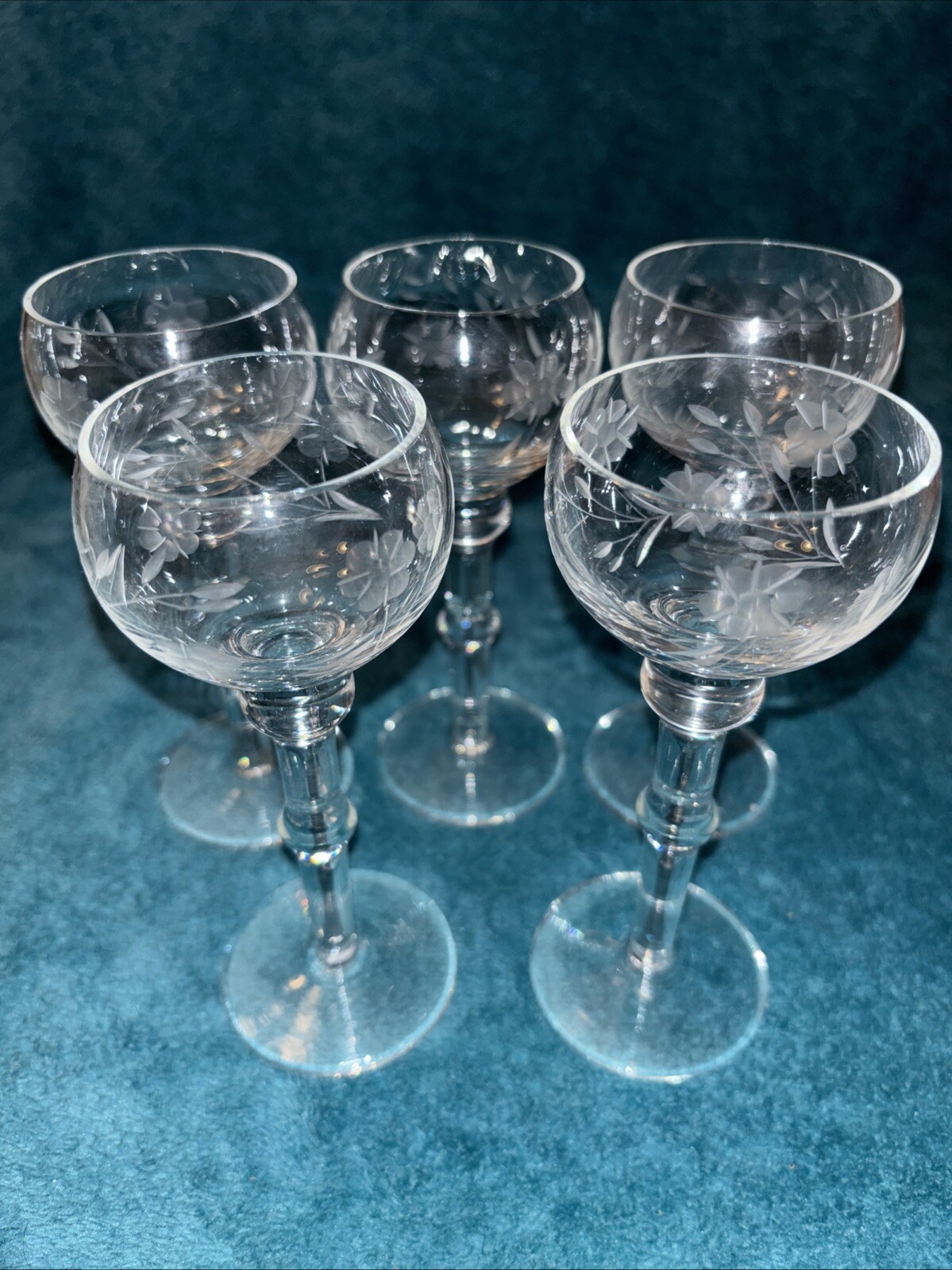 Lot of 5~ Vintage Hand Blown Etched Crystal Cordial/ Liqueur Stems 5.75” Tall SS