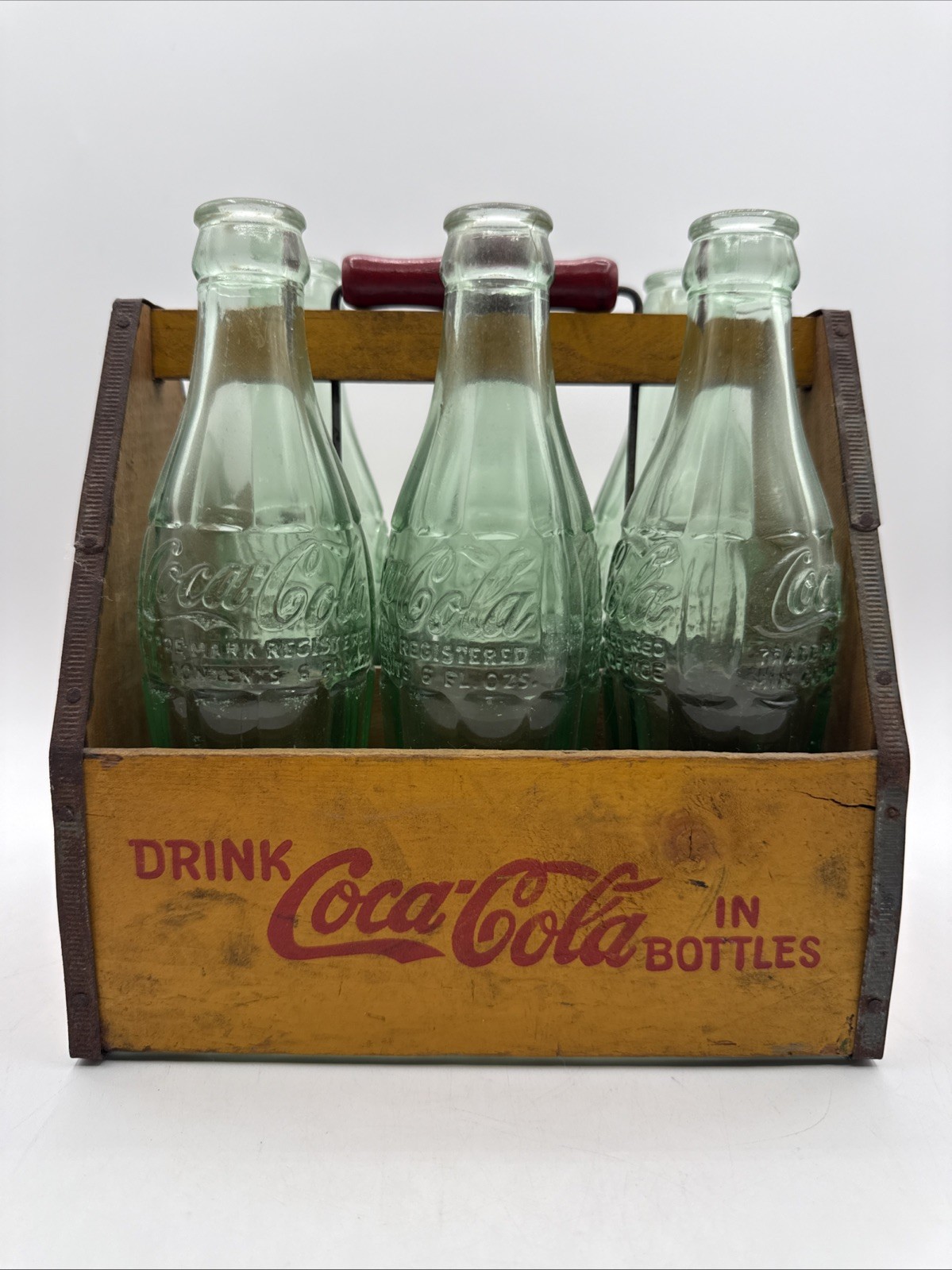 Vintage Red Yellow Coca Cola 6 Pack Wood Carrier Wings Handle  With Bottles