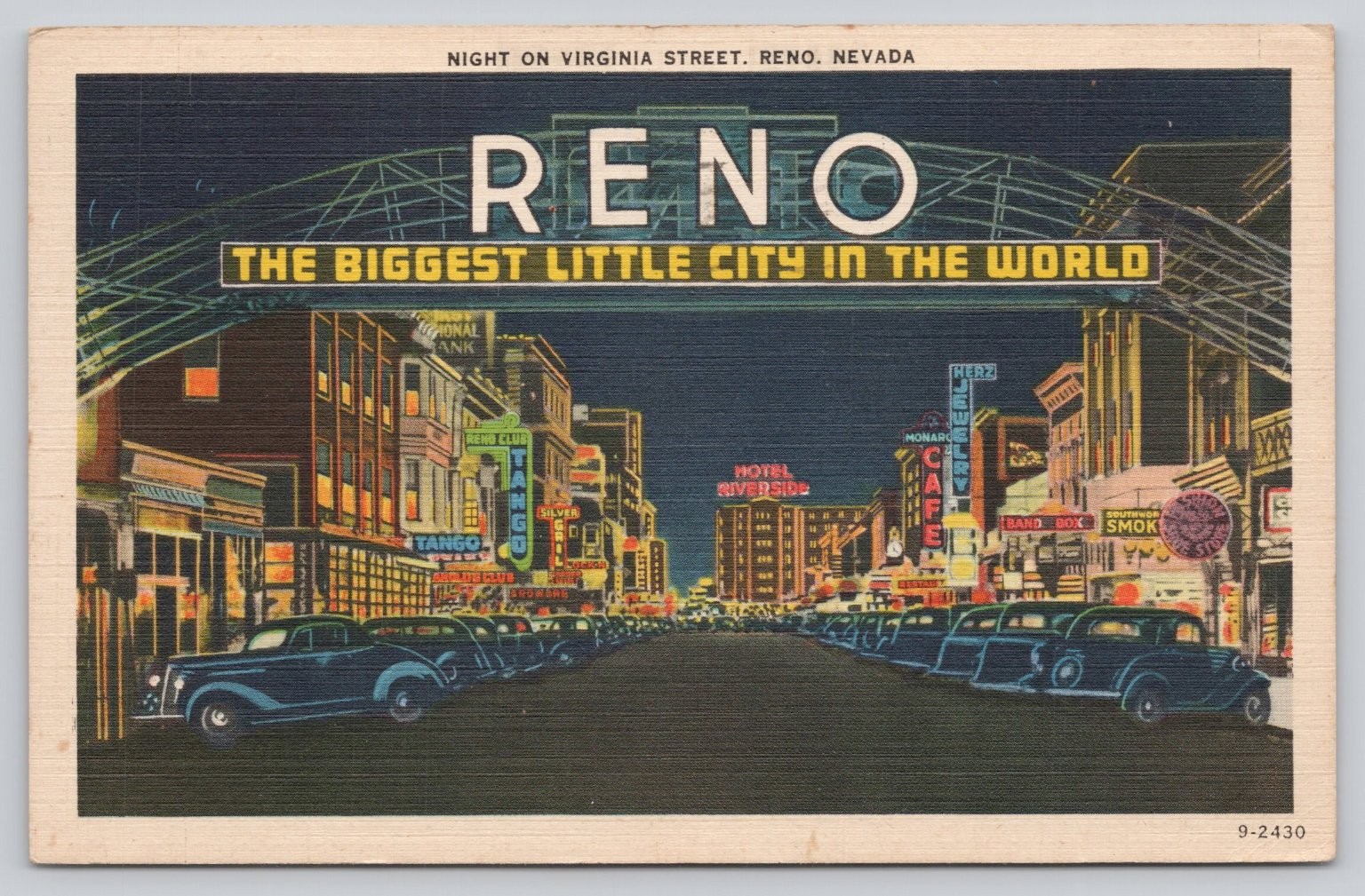 Vintage 1943 Reno Nevada Virginia Street Night Linen Postcard Arch Sign Cars