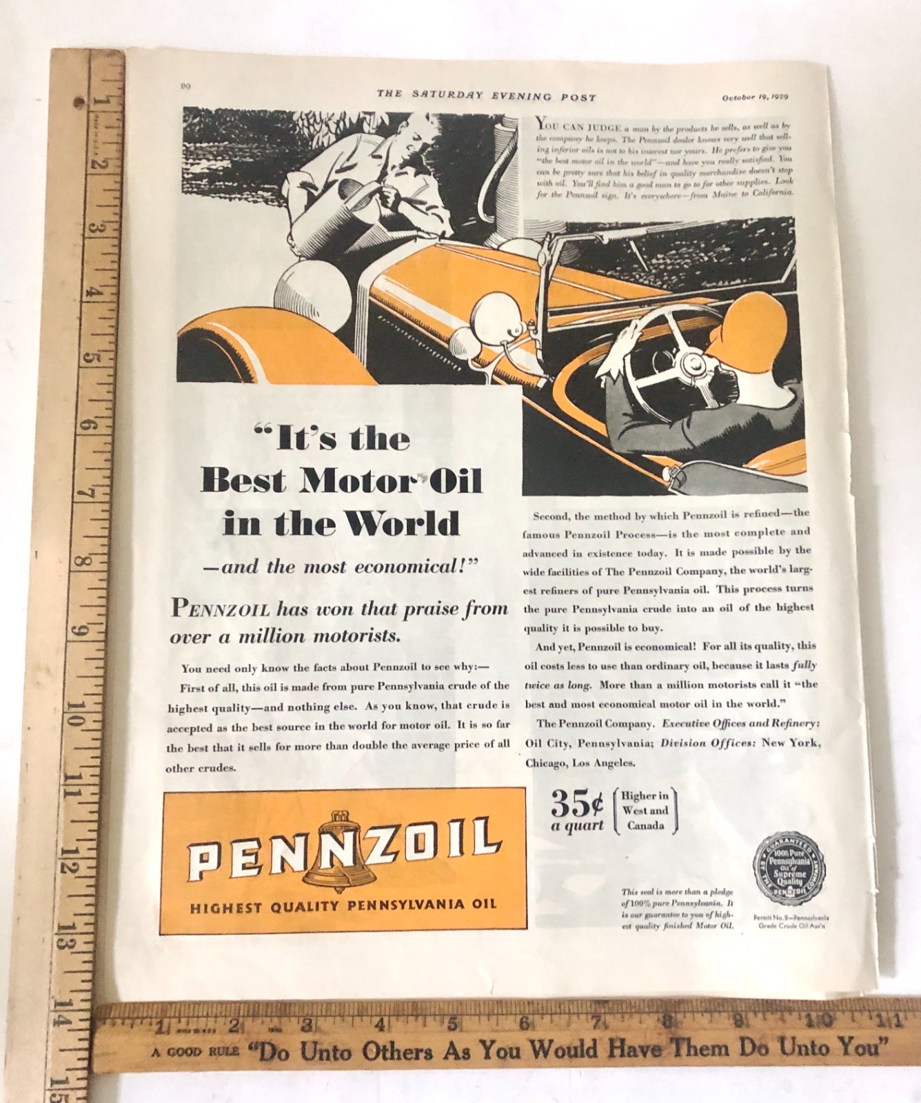 Vintage 1929 Penzoil Advertising Sign Original Ad