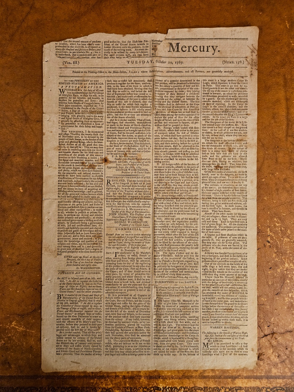 Thanksgiving Proclamation 1789 George Washington October 20, 1789 Salem Mercury