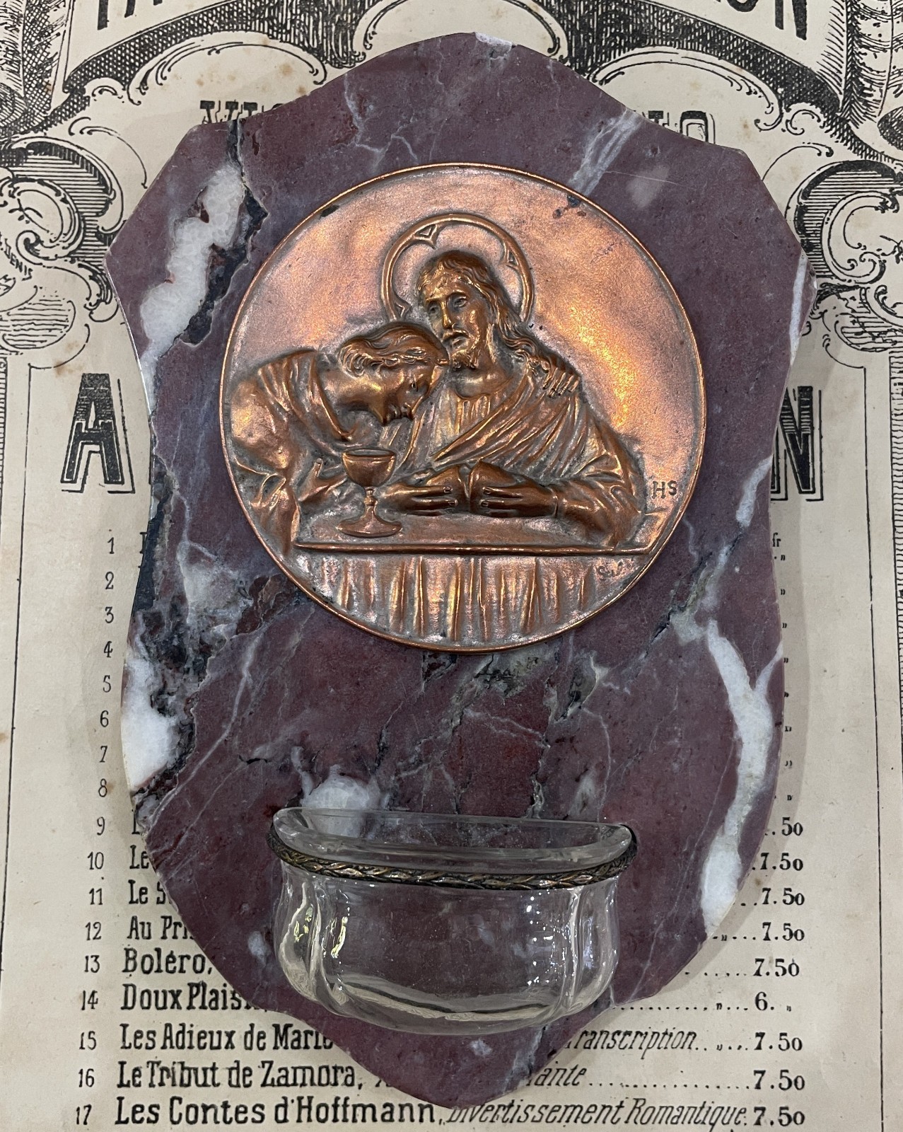 Antique French Jesus & St John Bread Signed Holy Water Font c1920 Antique French Jesus & St John Bread Signed Holy Water Font c1920