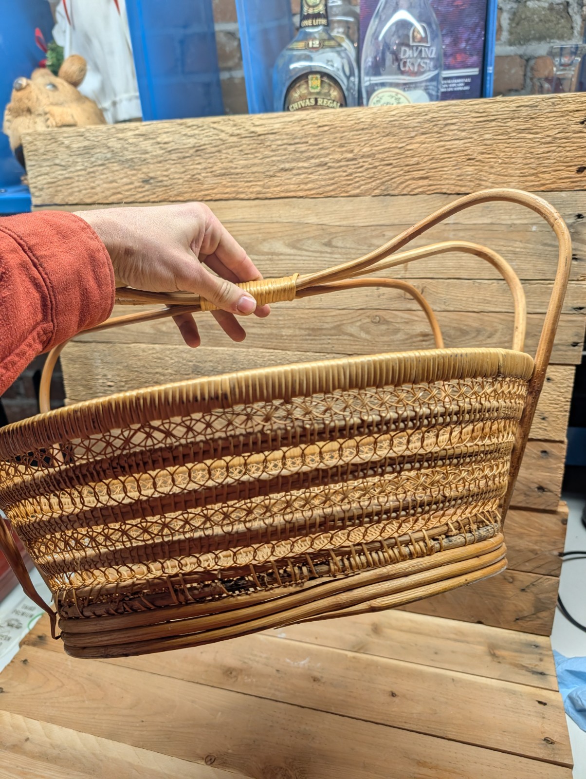 Vintage Longaberger Wicker Oval Basket Tall Bow Loop Handles Woven Boho Decor