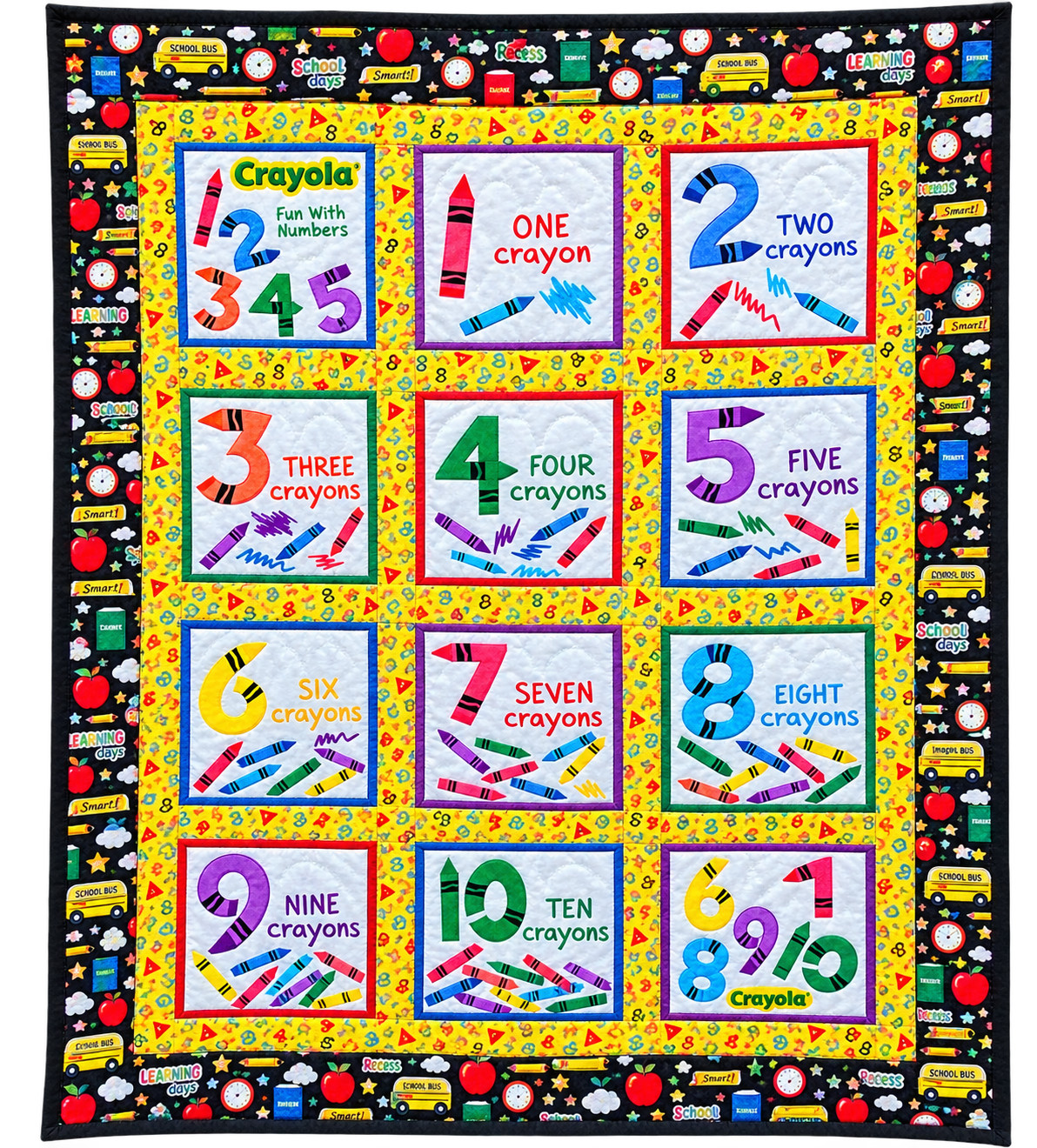 Handmade Crayola counting quilt 44x54 vintage school house design