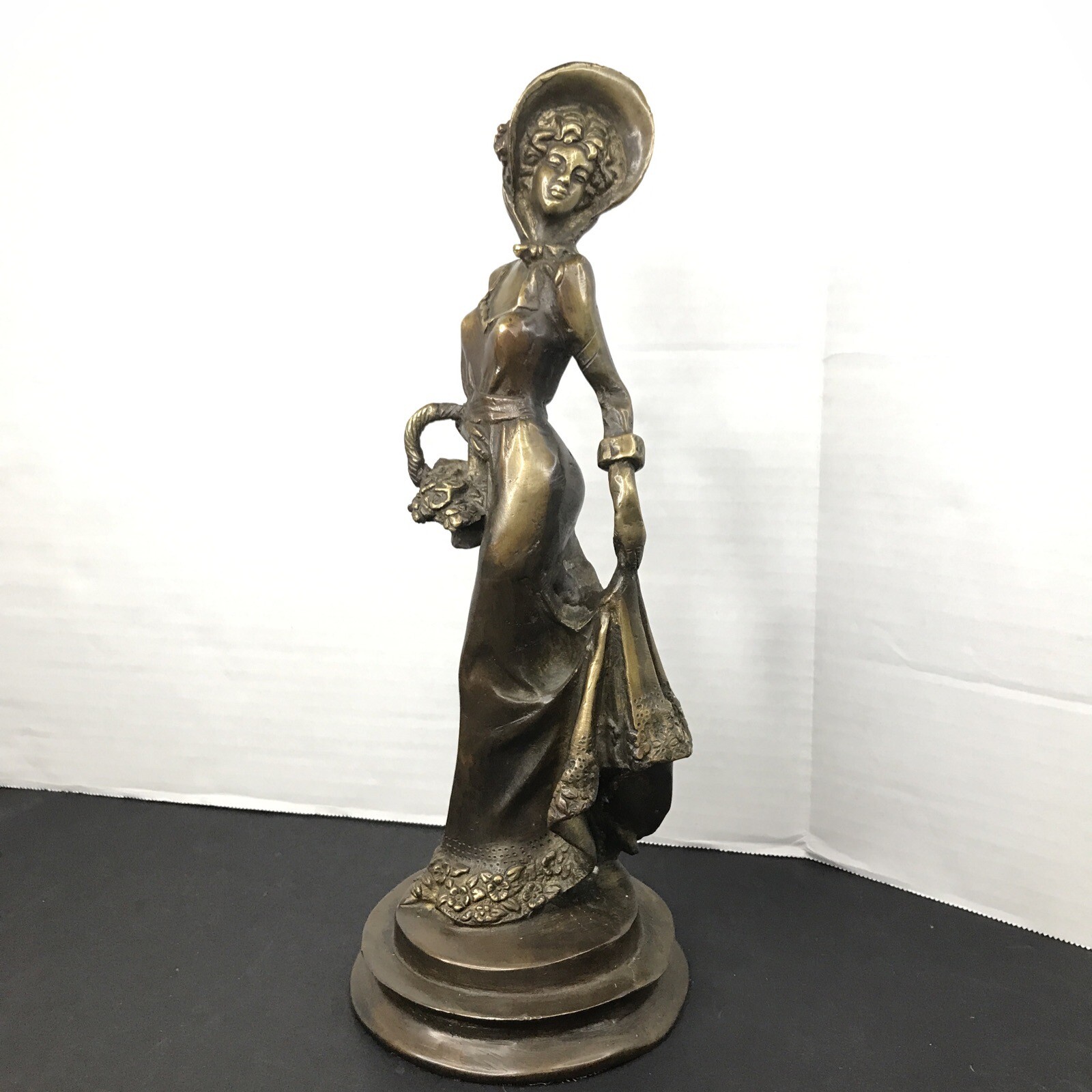 Vintage Victorian Lady Bronze Brass Statue Figure Sculpture Holding Basket