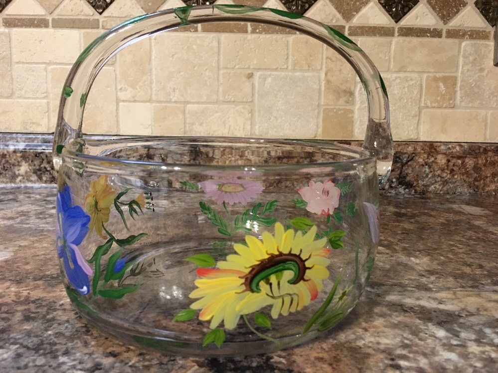 Beautiful Hand Blown Clear Glass Basket w/Handle~Hand-painted Flowers
