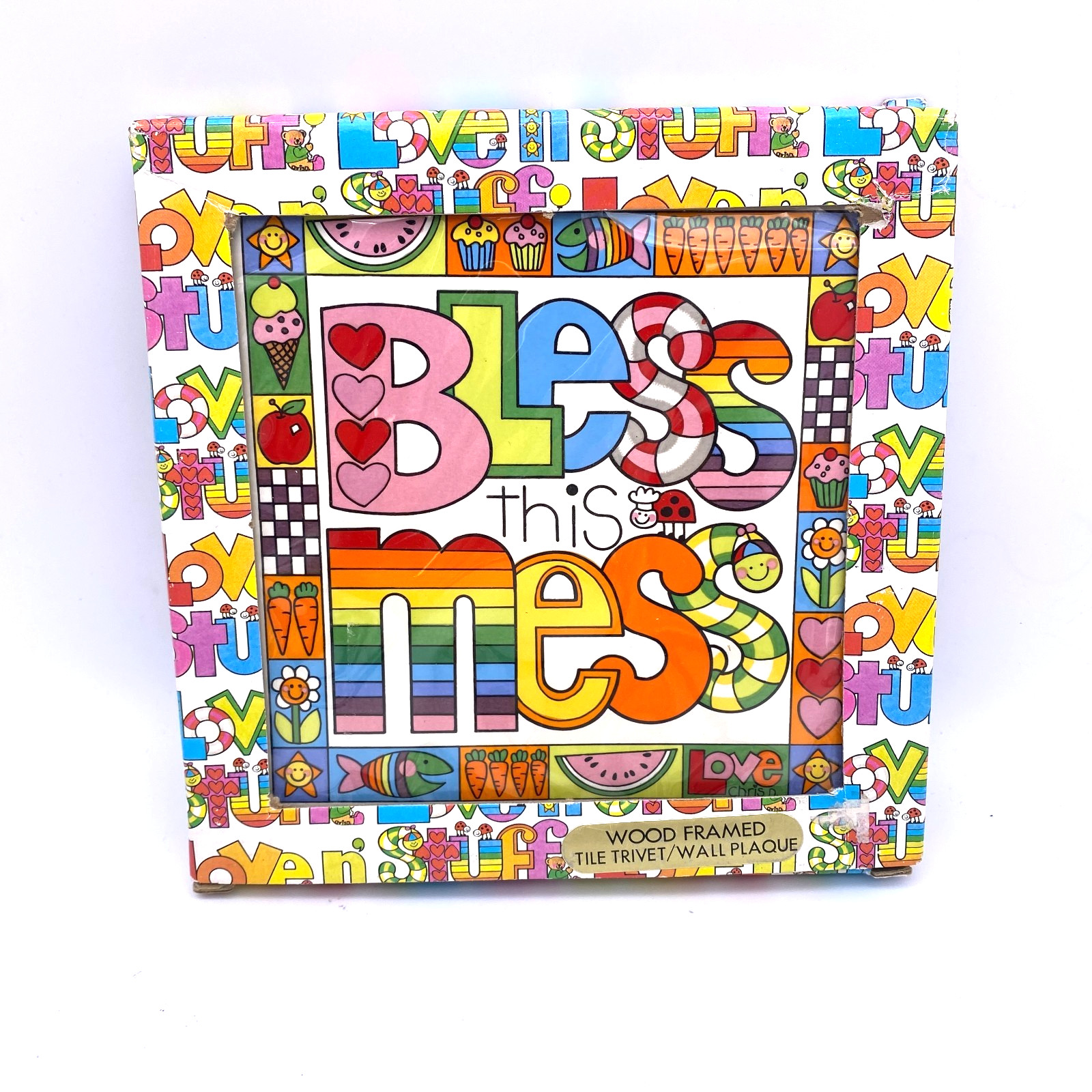 Vintage Love N Stuff Bless This Mess Tile Trivet Wall Plaque Framed 80s Enesco
