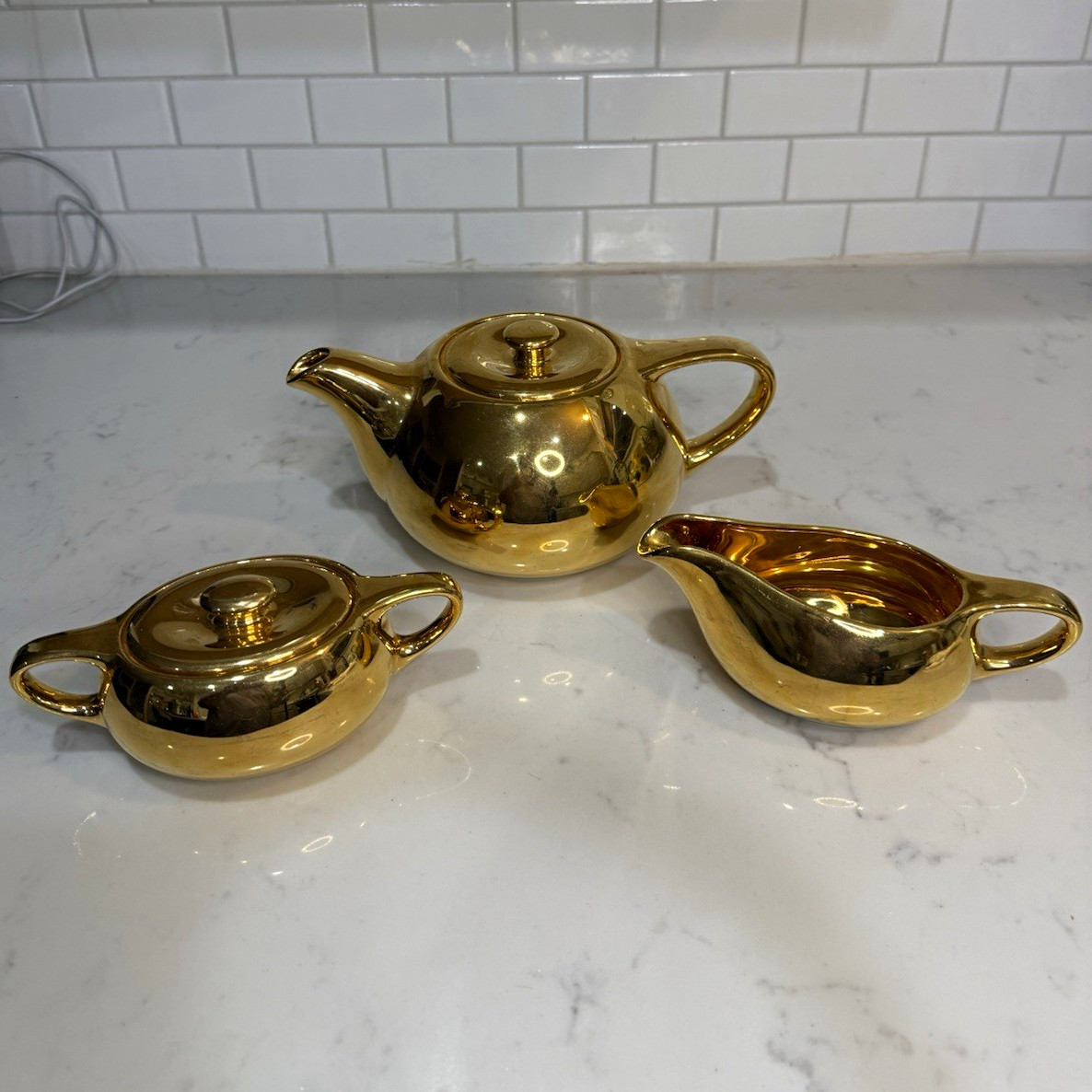 Vtg 22K Gold Tea Set Teapot Creamer Sugar Bowl Goldcrest & Osborne Married MCM