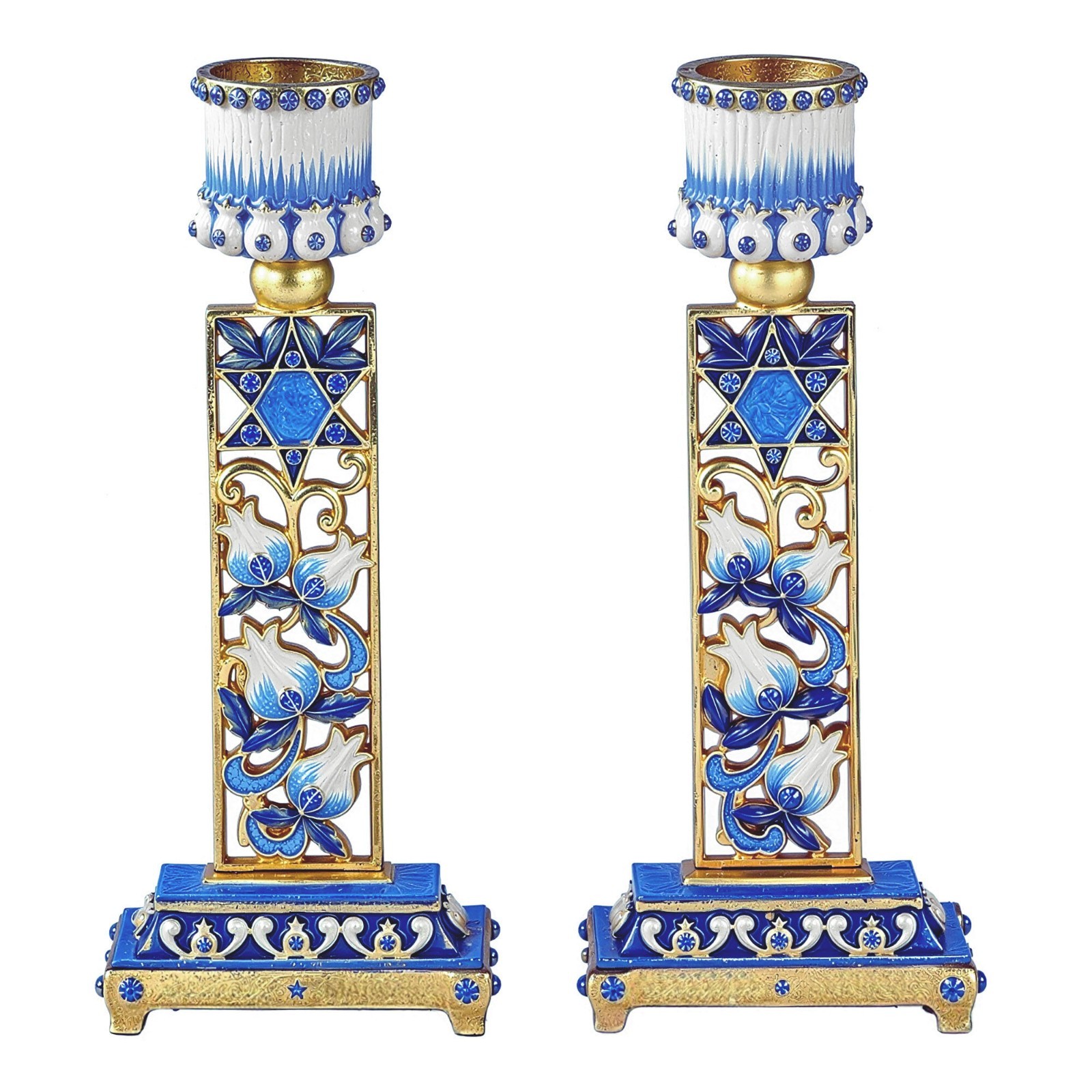 Handcrafted Jeweled Shabbat Candlestick Holders Set of 2 [BLUE FLOWERS]