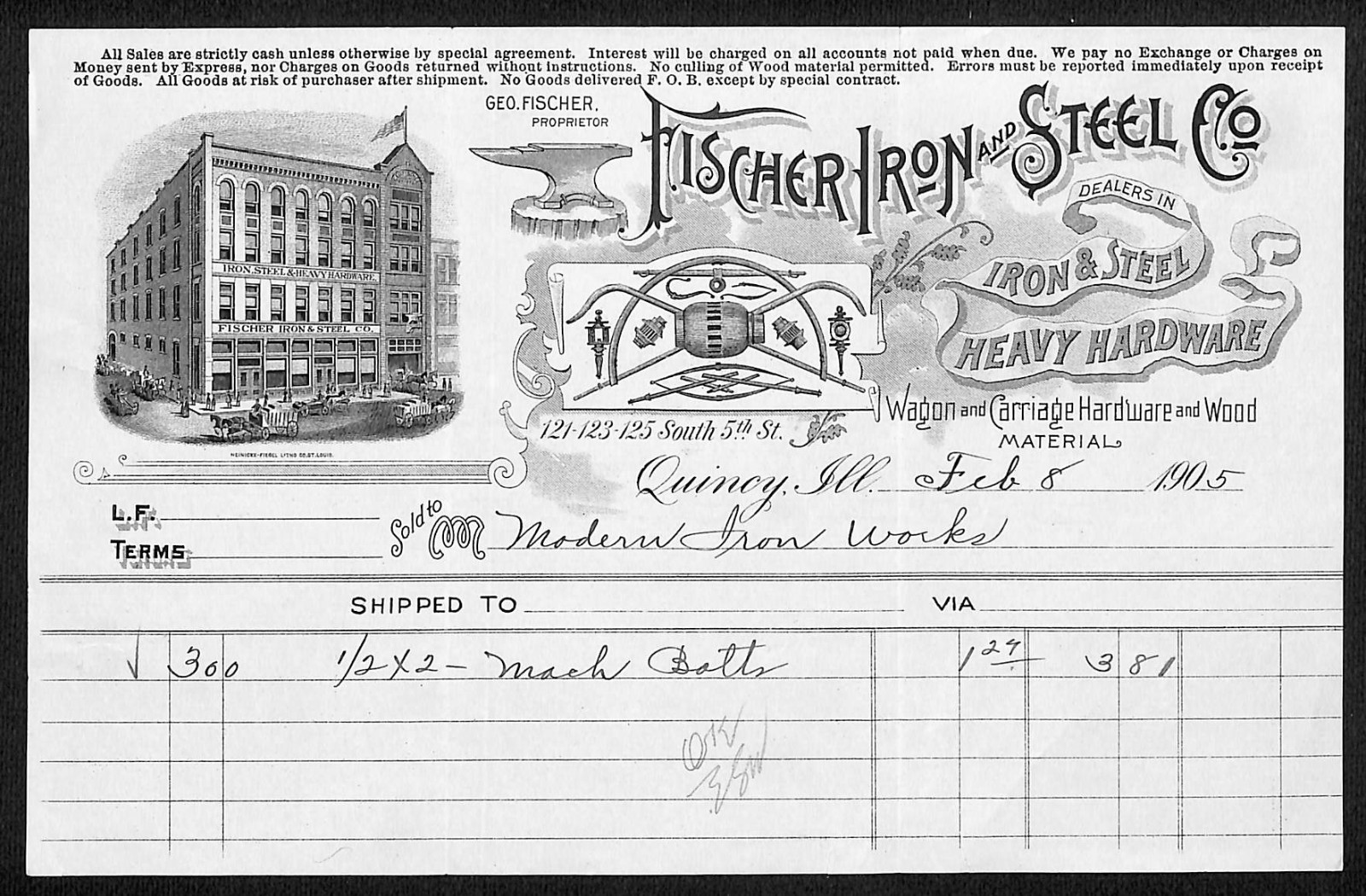 1905 Fischer Iron and Steel Co. Heavy Hardware Quincy, IL Billhead w/ Vignettes