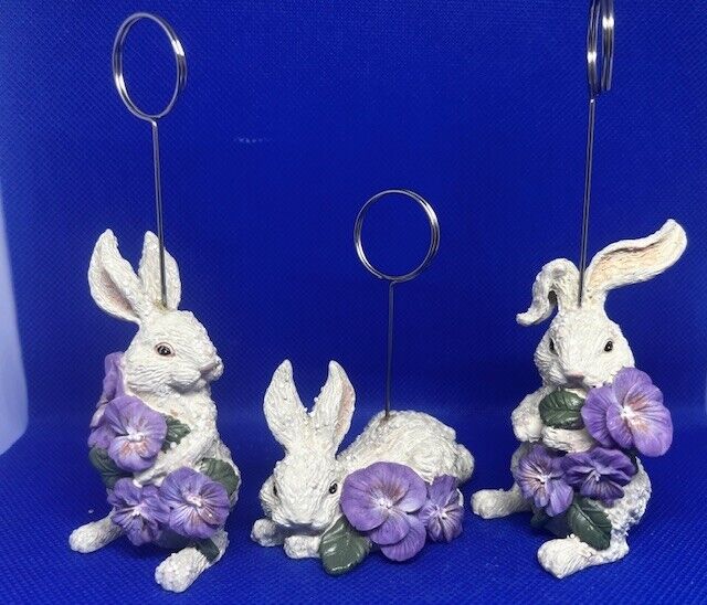 Vintage Easter Bunny Rabbit Glitter Picture Photo Card Holder Figurine Set of 3