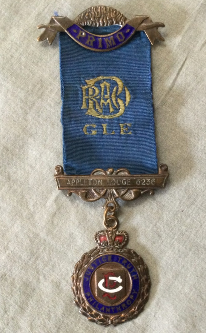 Vintage Masonic Medal Ribbon RAOB Buffaloes GLE Primo Appleton Lodge 1948