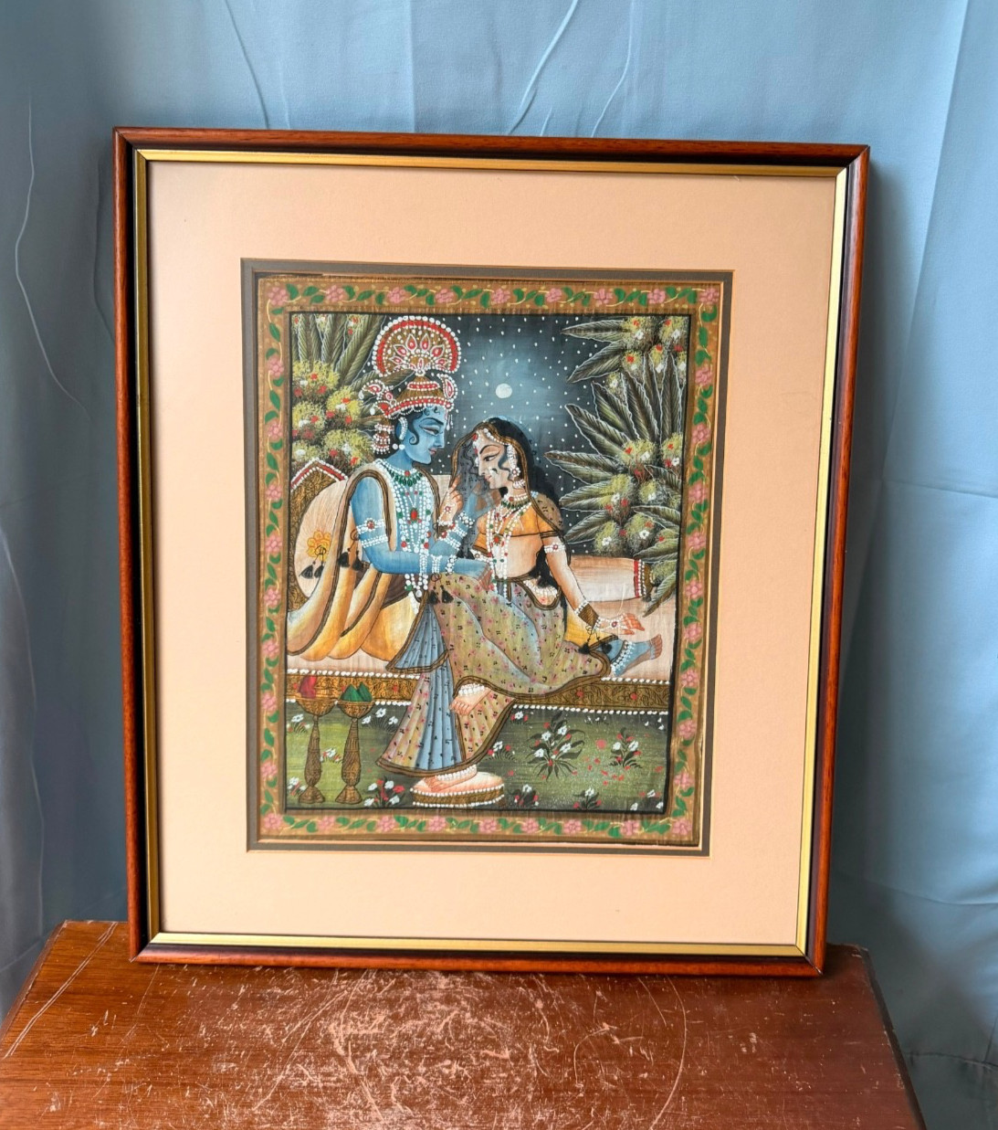 Vintage Radha Krishna Framed Indian Miniature Painting Devotional Art