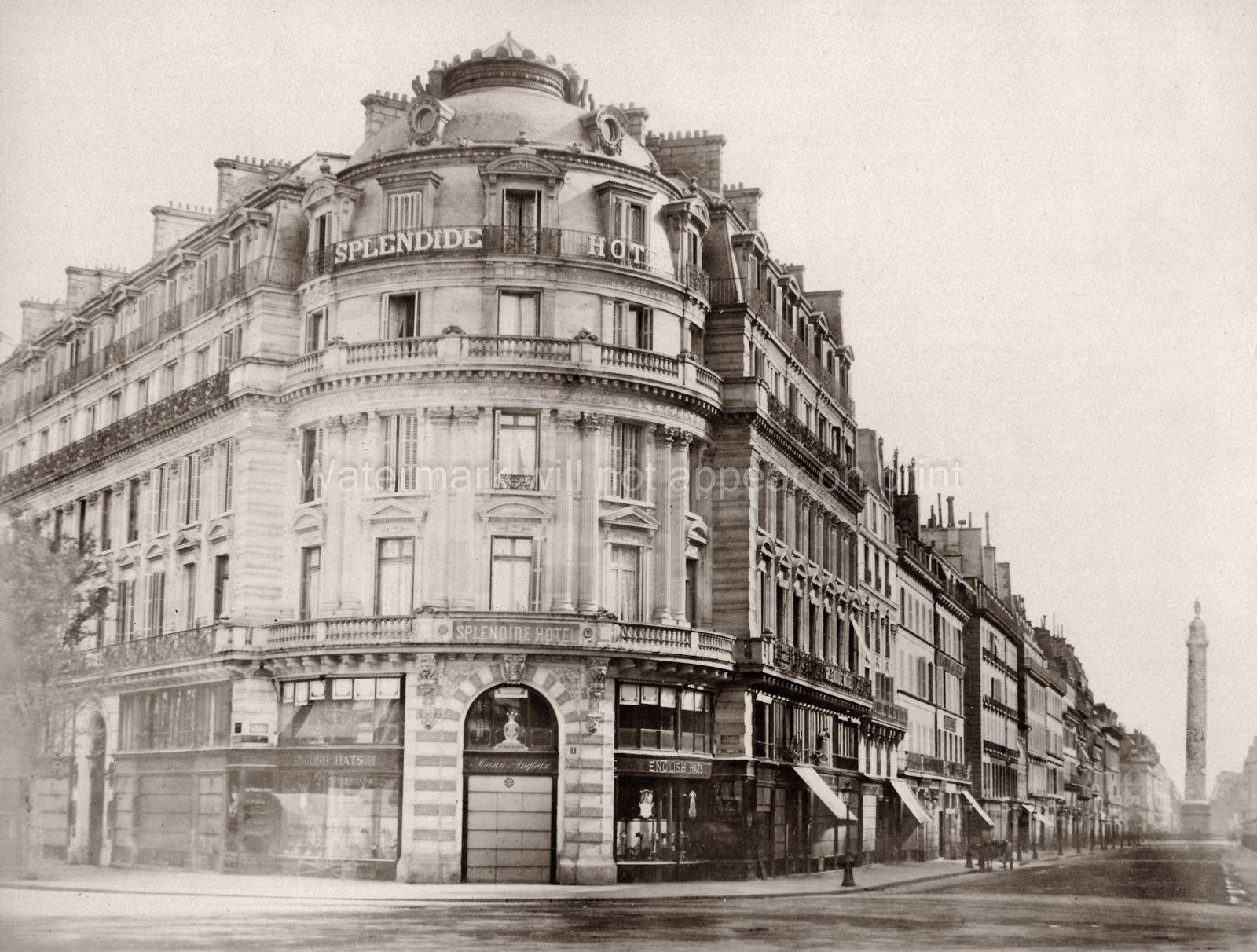 Paris Splendide Hotel Vendome Column Street Scene Architecture Vtg. Photo 19thC.