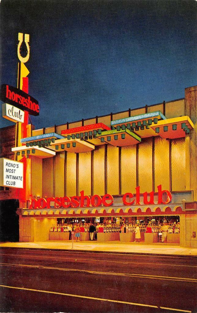 RENO\'S HORSESHOE CLUB Nevada Casino Night Scene c1950s Vintage Postcard