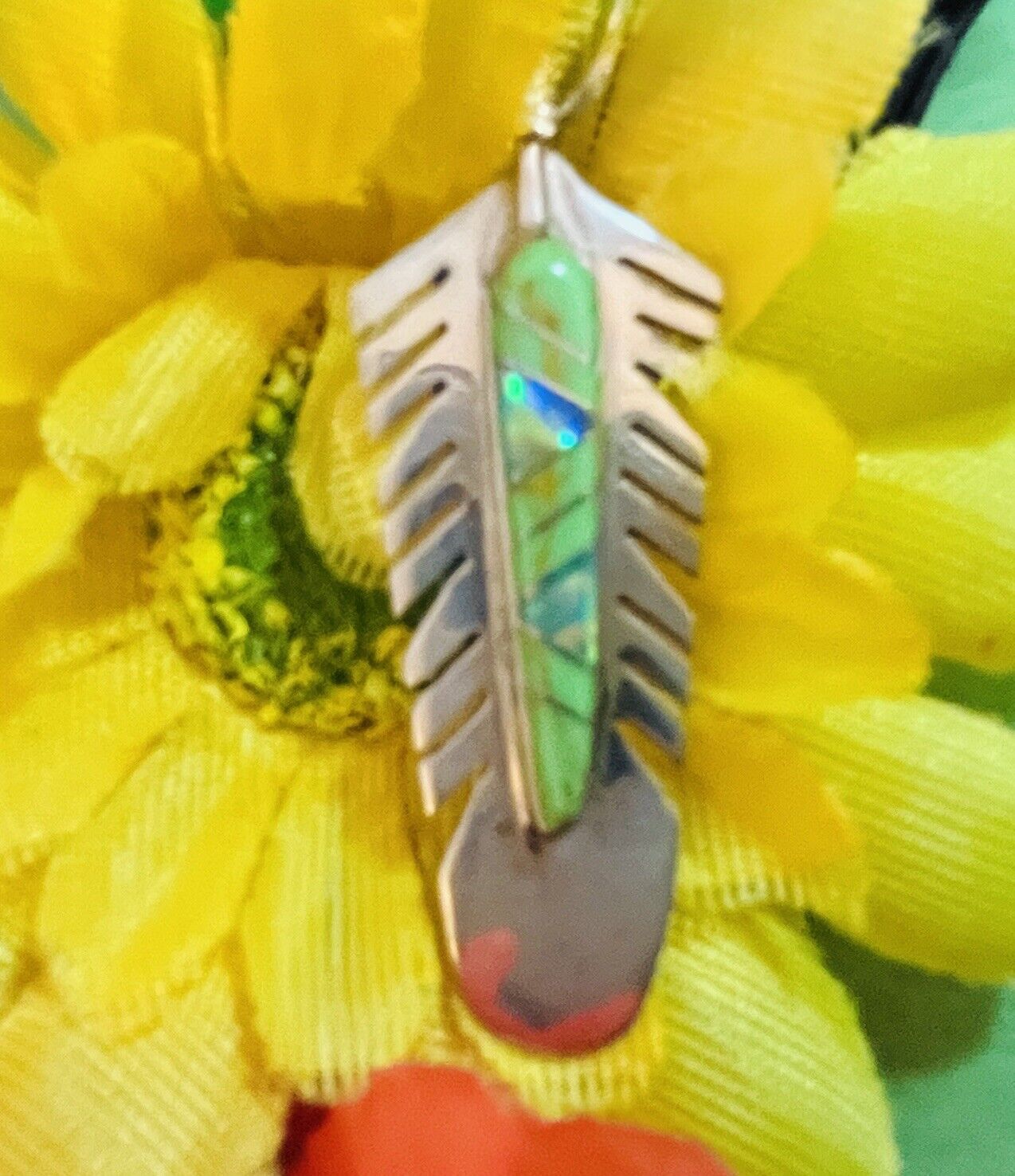 Navajo Sterling Gaspeite Opal Feather Necklace #975