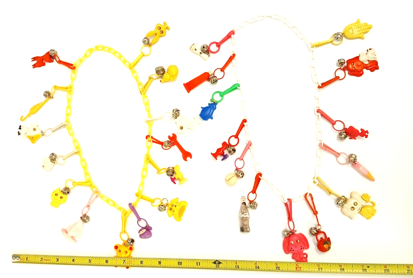Vintage 80s Bell Charm Necklaces Lot w/ 27 Plastic Clip Charms 2 Chains Retro