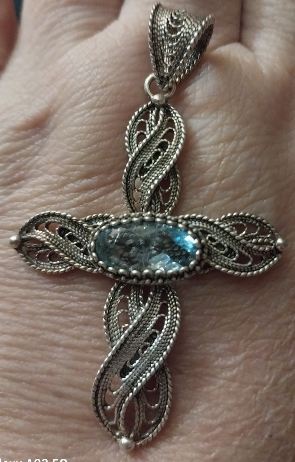 Unisex Large 2 In. Sterling Silver Lace Design Cross With An Aqua Marine Stone