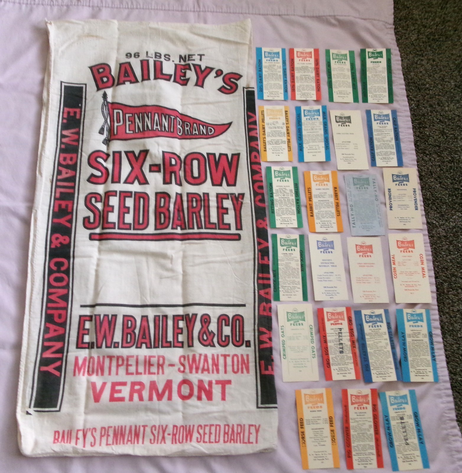Vintage Antique Cloth GrainSeed Sack E.W. Bailey Vermont & Grain Bag Tags