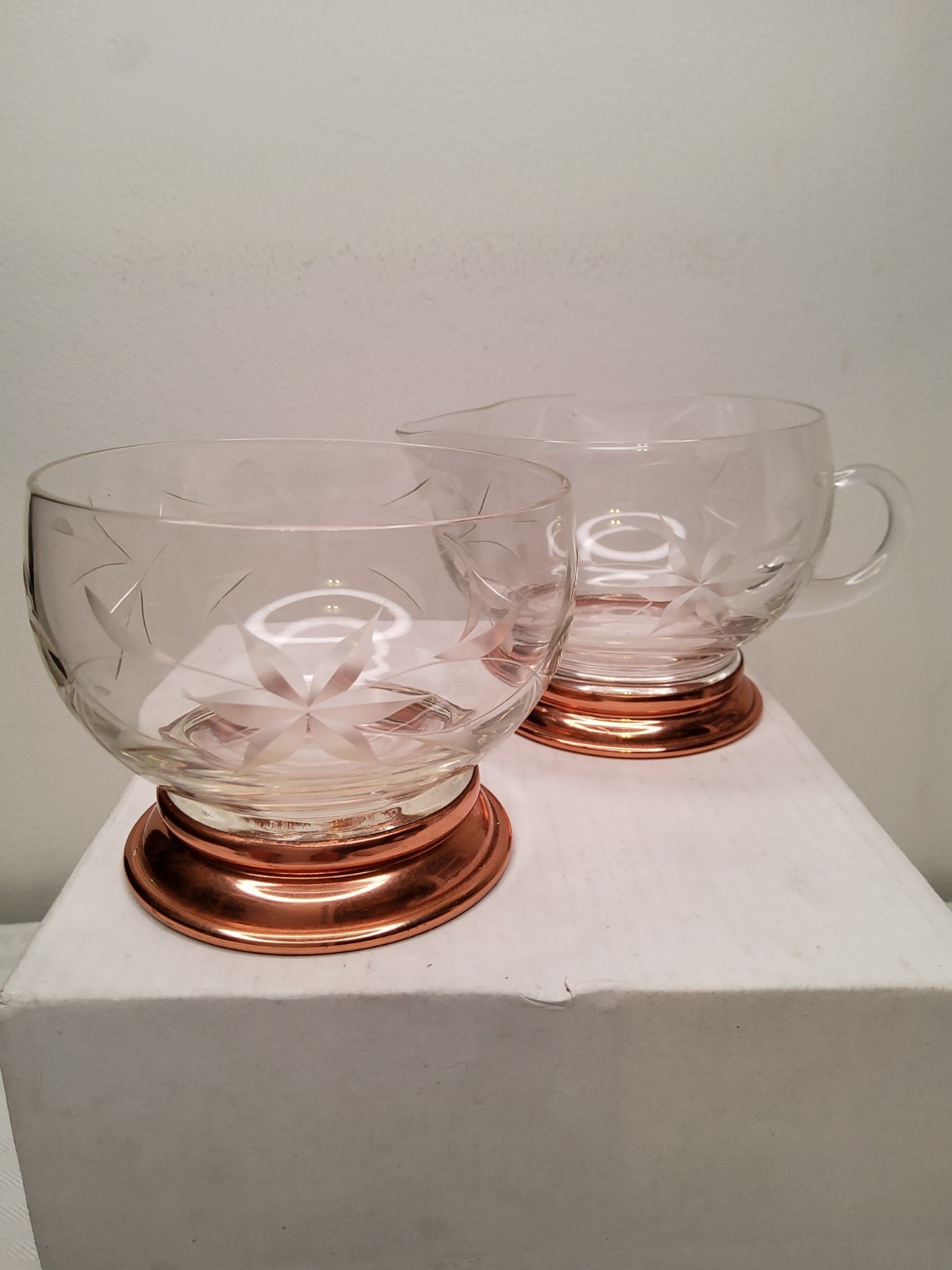 Vintage Etched Crystal Creamer And Sugar Set With Copper Base. (158)