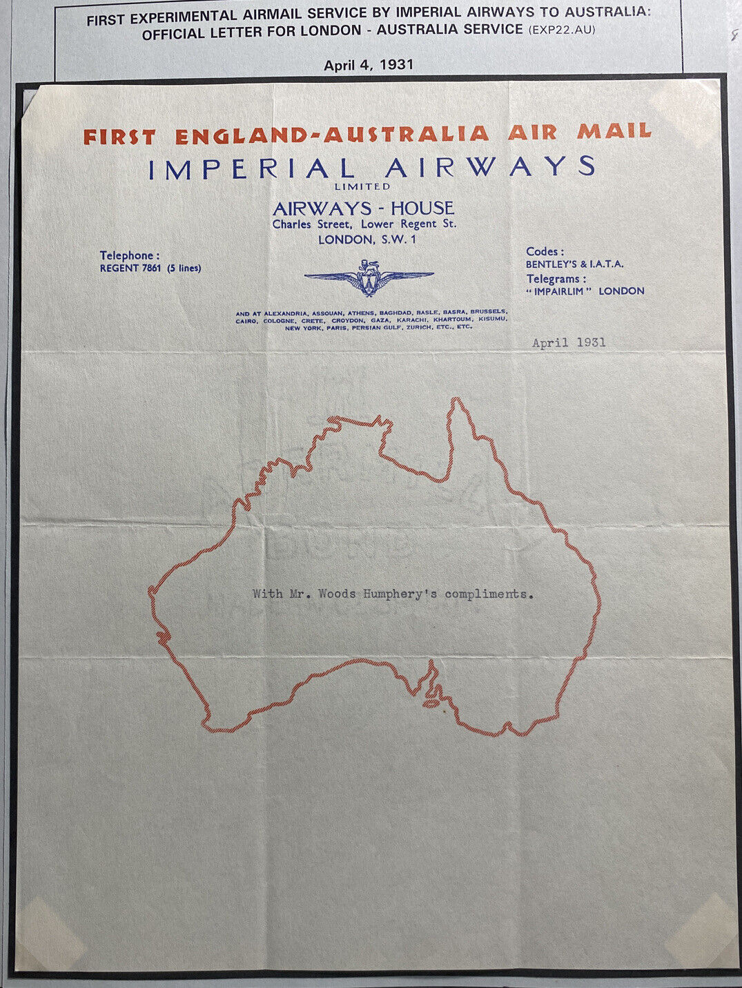 England Imperial Airways First Experimental Service To Australia Letter 1931