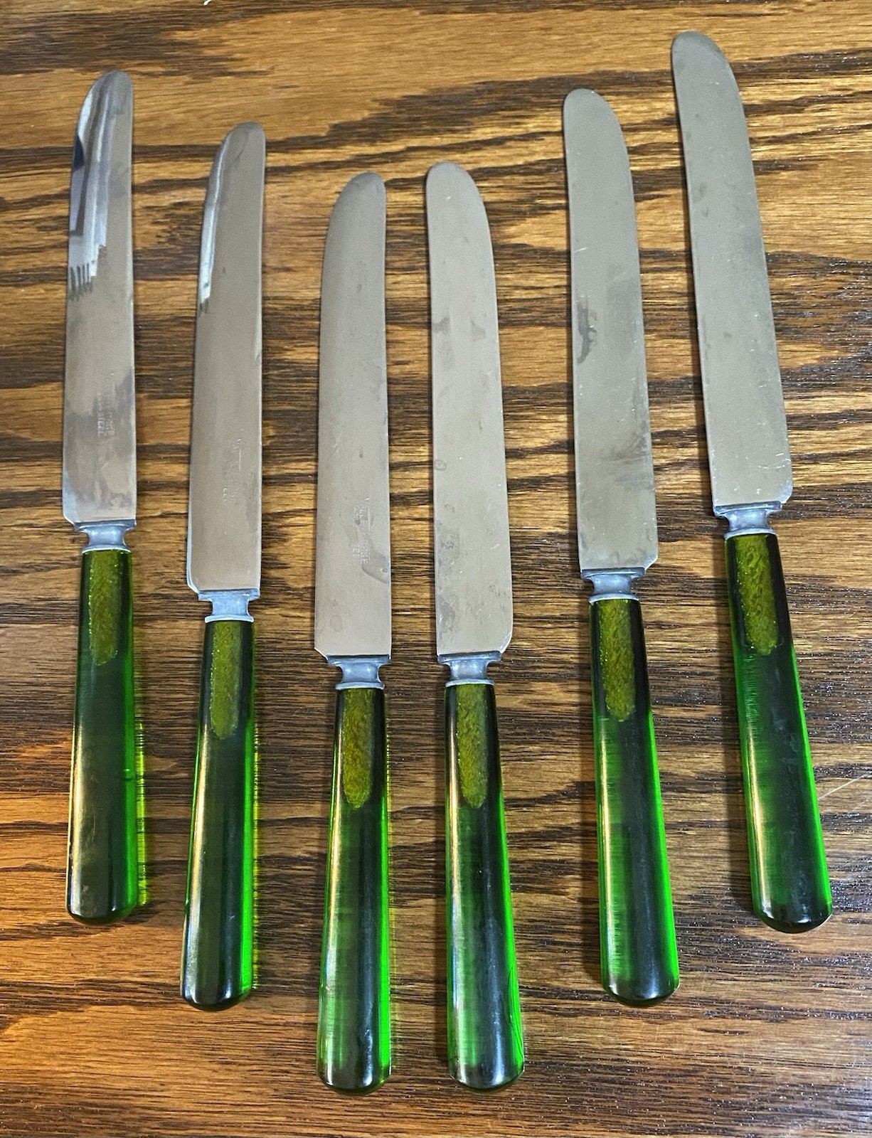 Set/ 6 Vtg Valley Forge Dinner Knives Clear Green Bakelite Deco Stainless Steel