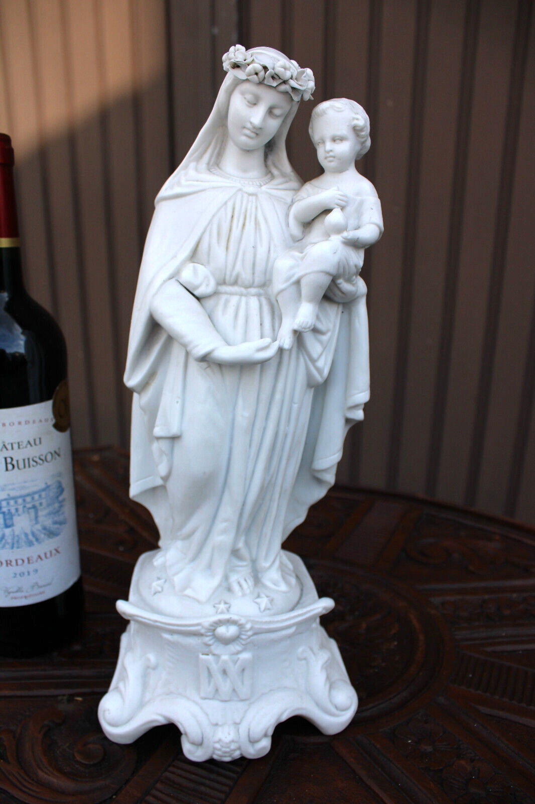 Antique french letu mauger signed bisque porcelain madonna mary child statue