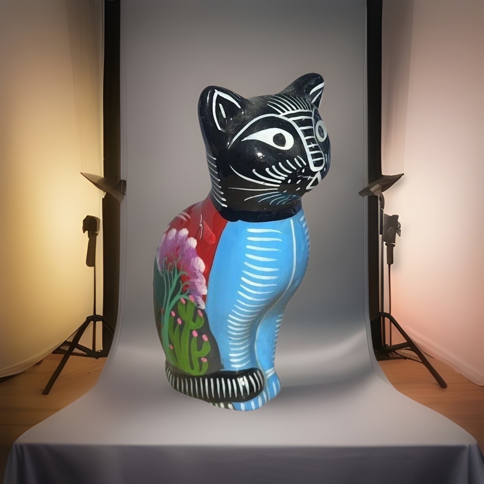 Mexican NWOT Tonalá Hand Painted Clay Folk Art Pottery Cat Bank, Colorful, 8.5”T