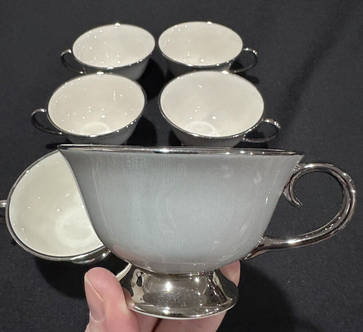 (6) Flintridge China 1960s Footed Tea Cup, Gray & Silver