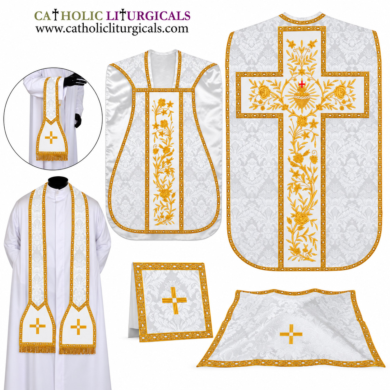 NEW White Roman Fiddleback Vestment- Sacred Heart of Jesus - Vintage Embroidery