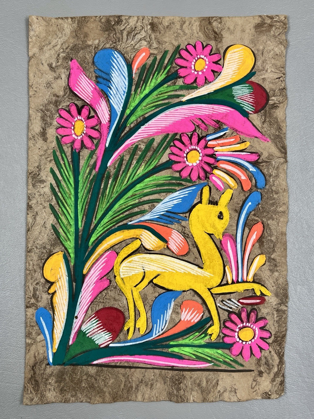 Vintage Mexican Amate Bark Art Painting Folk Art Deer Flowers UV Reactive Vintage Mexican Amate Bark Art Painting Folk Art Deer Flowers UV Reactive