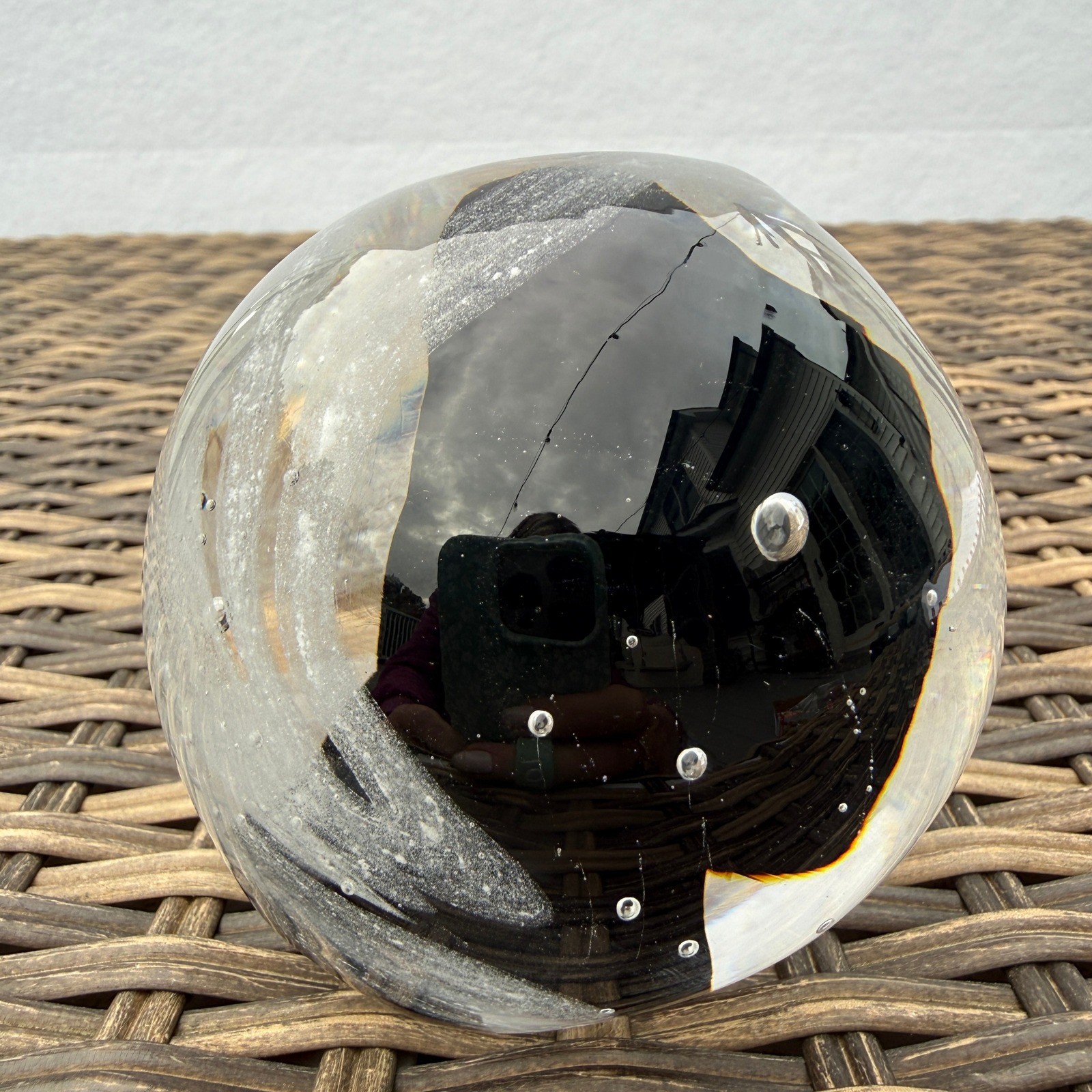Vintage Black White Art Glass Paperweight Abstract Swirl Bubbles 3.5\