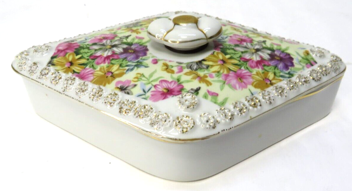 Vintage Tilso Ceramic Trinket Box with Floral Print on Lid Japan hand painted