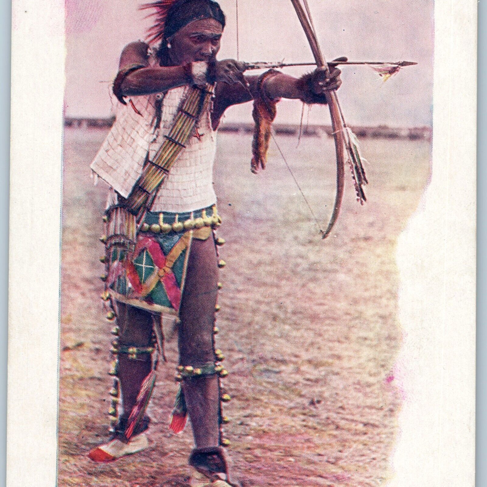 c1900s UDB Indian Warrior Embossed Archery Litho Photo NM PC Bow Arrow A188