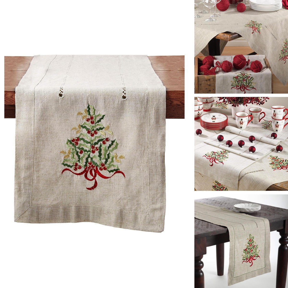 SARO LIFESTYLE Christmas Tree Embroidered Table Runner Holly Berries & Ribbon