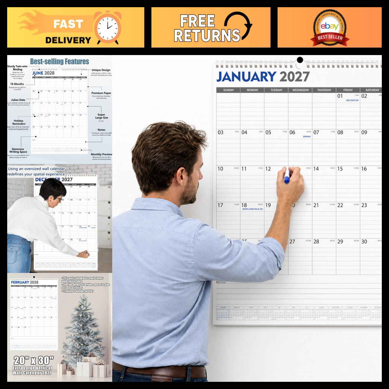 Extra Large 18-Month Wall Calendar 2027-2028, 20