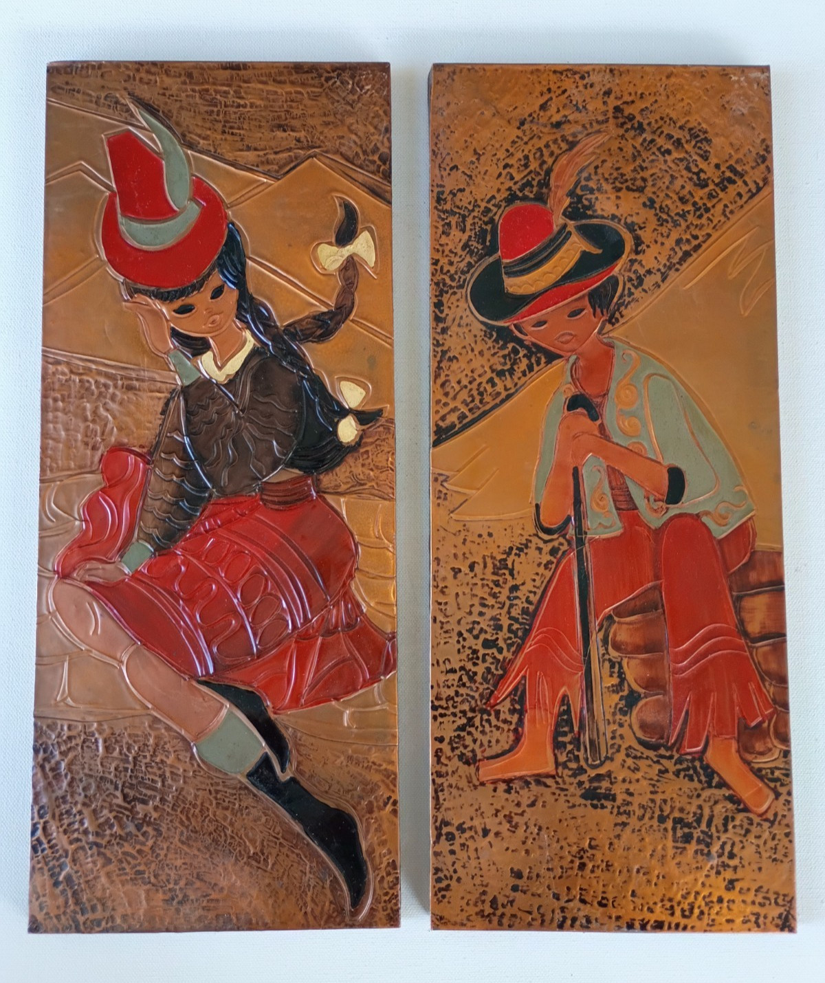 VINTAGE MID CENTURY ARGENTINA FOLK ART TOOLED COPPER WALL HANGING PANEL PLAQUES