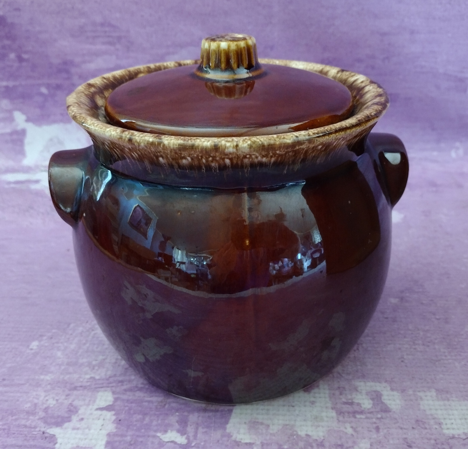 Hull Brown Drip Pottery Bean Pot with Lid Vintage Covered Glazed Oven Proof USA