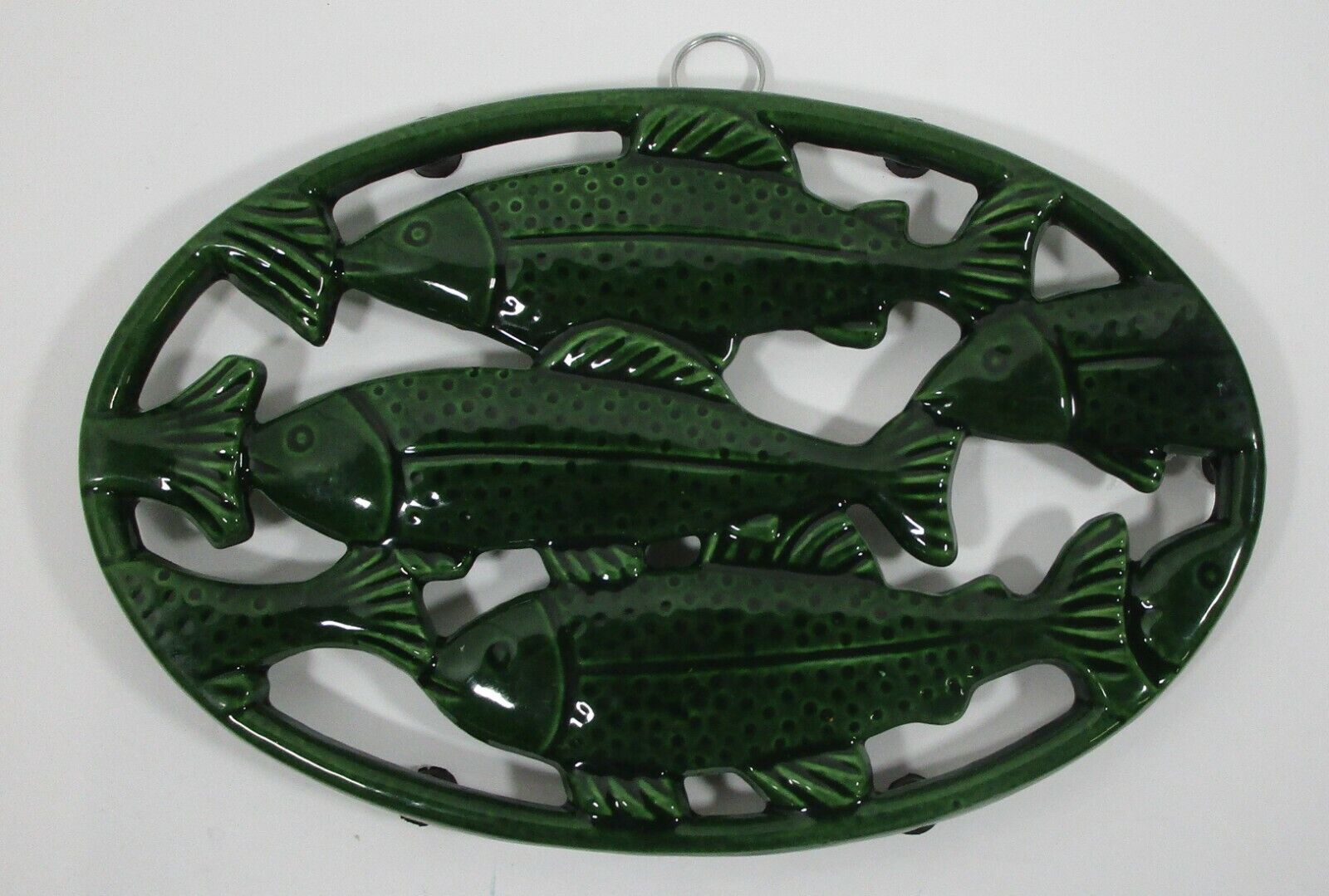 Green Enamel Fish Trivet Home Essentials Trout Salmon Vintage Heavy Cast Iron