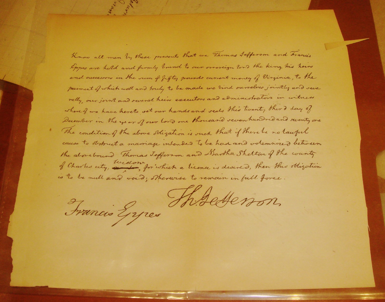 1771  Thomas Jefferson’s marriage bond  marriage to Martha Wayles Skelton